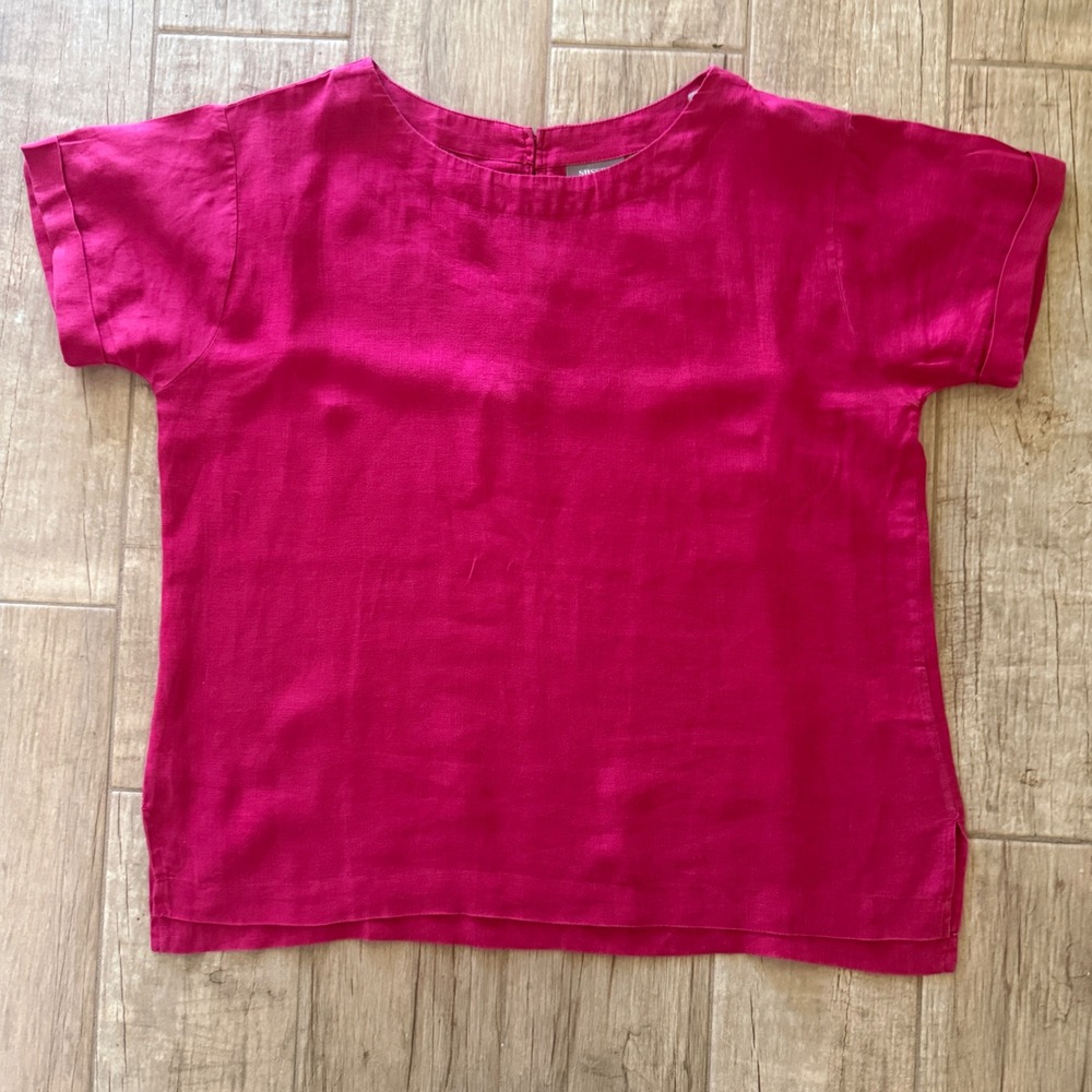 Sussan Australia Red 100% Linen Short Sleeve Boxy Top Size 12 Keyhole Back